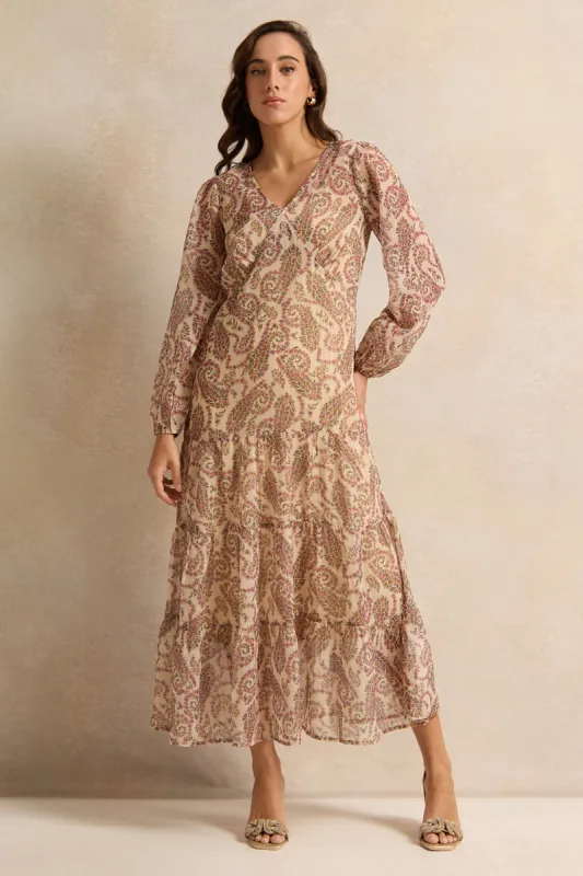 Women Beige Printed Tiered Dress sold by Redtag