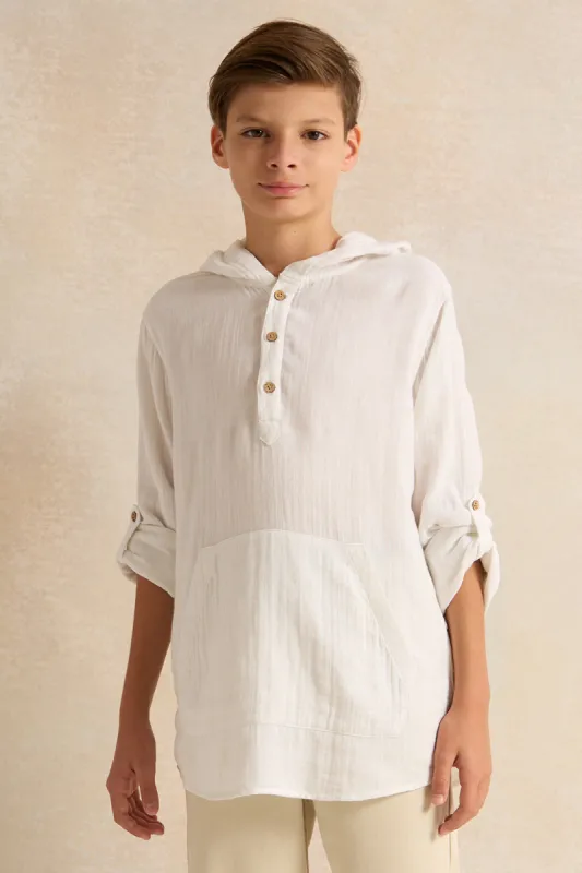 Senior Boys White Hooded Kangaroo Pocket Shirt sold by Redtag