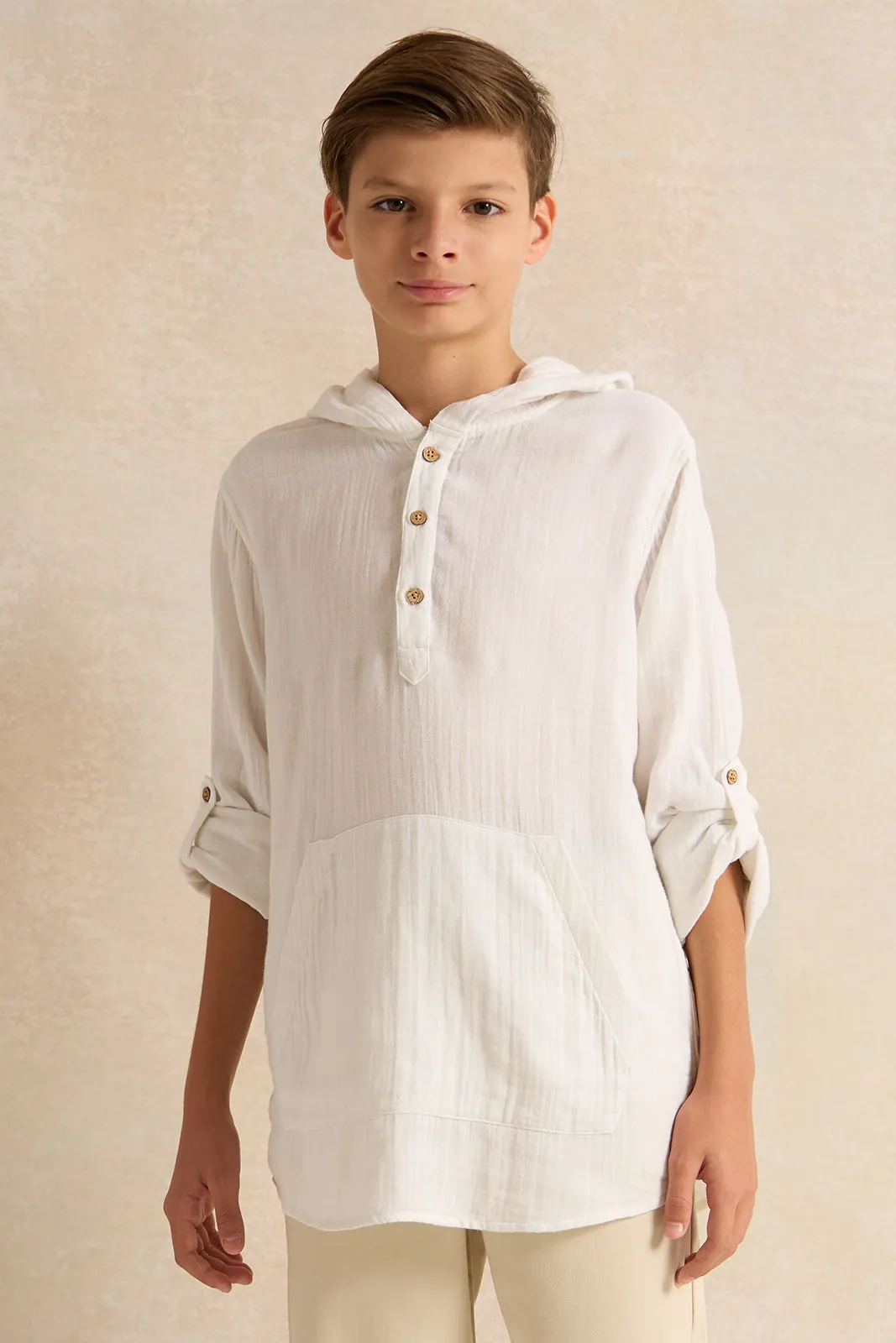 Senior Boys White Hooded Kangaroo Pocket Shirt sold by Redtag