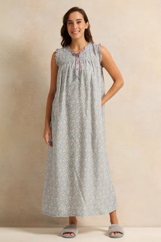 Women Grey Floral Printed Nightgown sold by Redtag