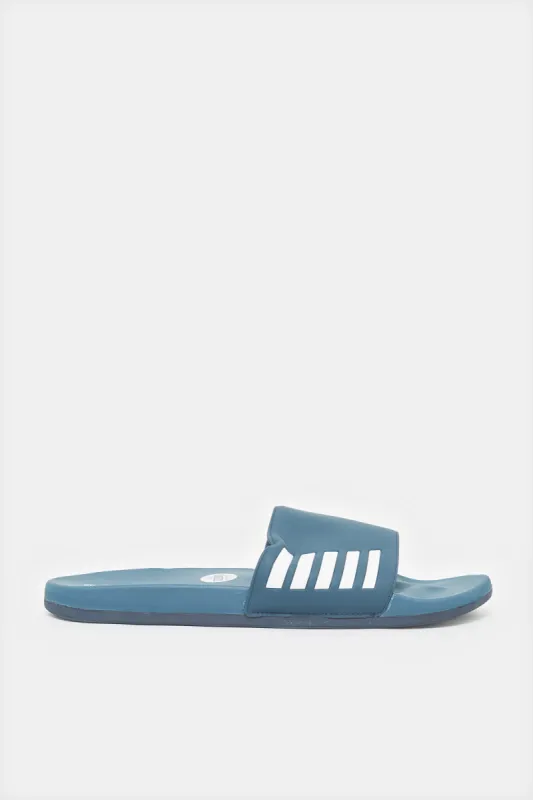 Men Navy Striped Slide With Padded Upper sold by Redtag