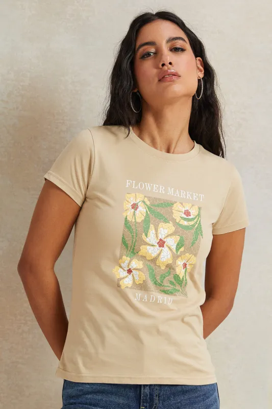 Women Beige Printed T-Shirt sold by Redtag