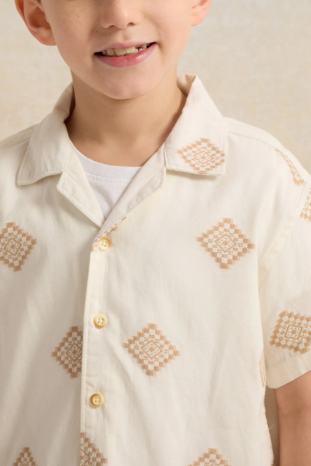 Boys Cream Jacquard Short Sleeve Shirt sold by Redtag product image thumbnail 4
