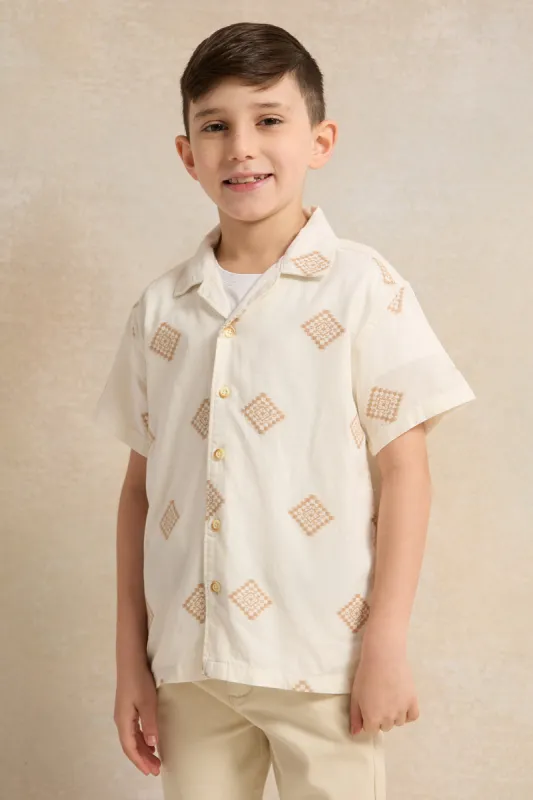 Boys Cream Jacquard Short Sleeve Shirt sold by Redtag