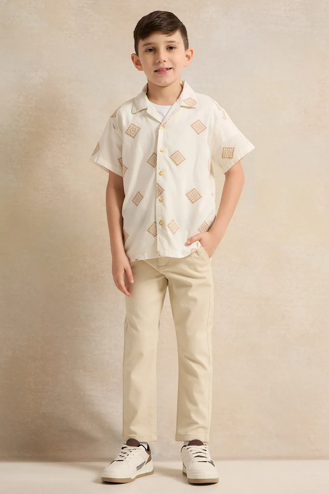 Boys Cream Jacquard Short Sleeve Shirt sold by Redtag product image thumbnail 2