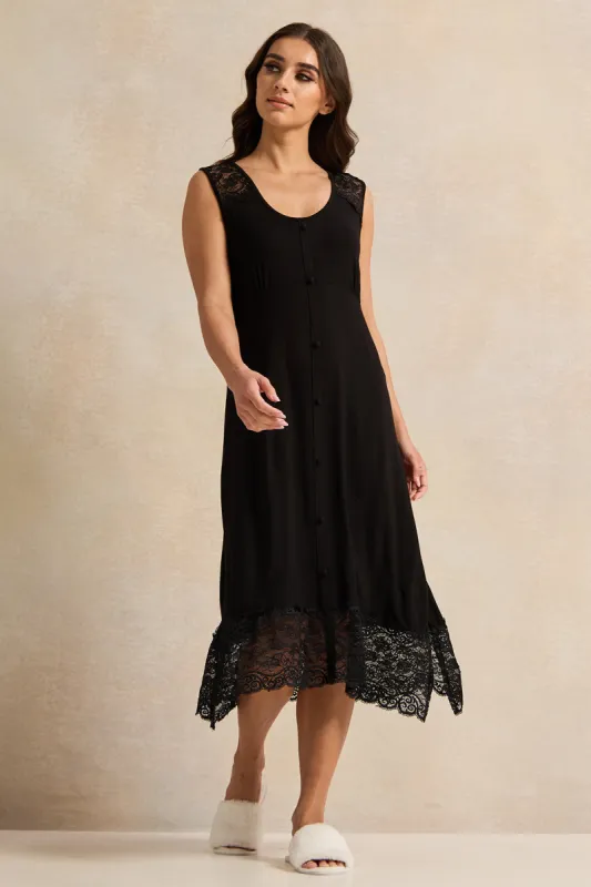 Women Black Lace Embellished Chemise sold by Redtag