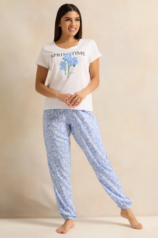 Women Blue And White Printed Pyjama Set (2 Piece) sold by Redtag