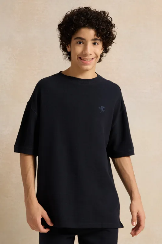 Senior Boys Navy Jacquard Oversize T-Shirt sold by Redtag