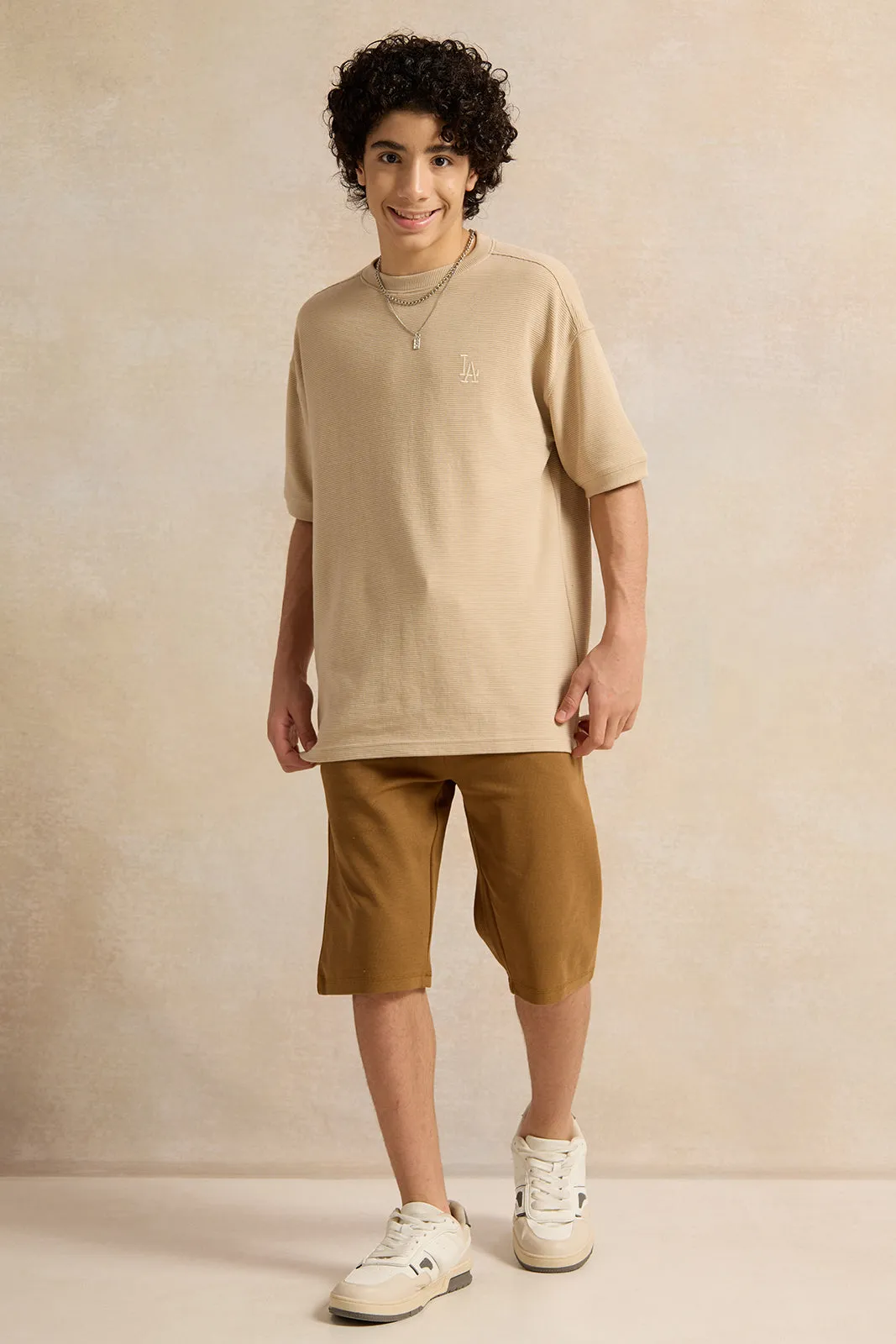 Senior Boys Beige Jacquard Oversize T-Shirt sold by Redtag product image thumbnail 2