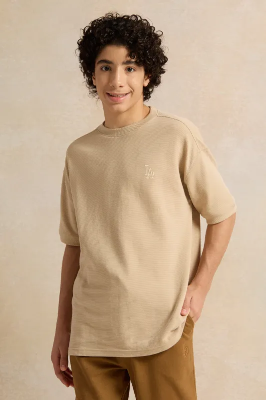Senior Boys Beige Jacquard Oversize T-Shirt sold by Redtag