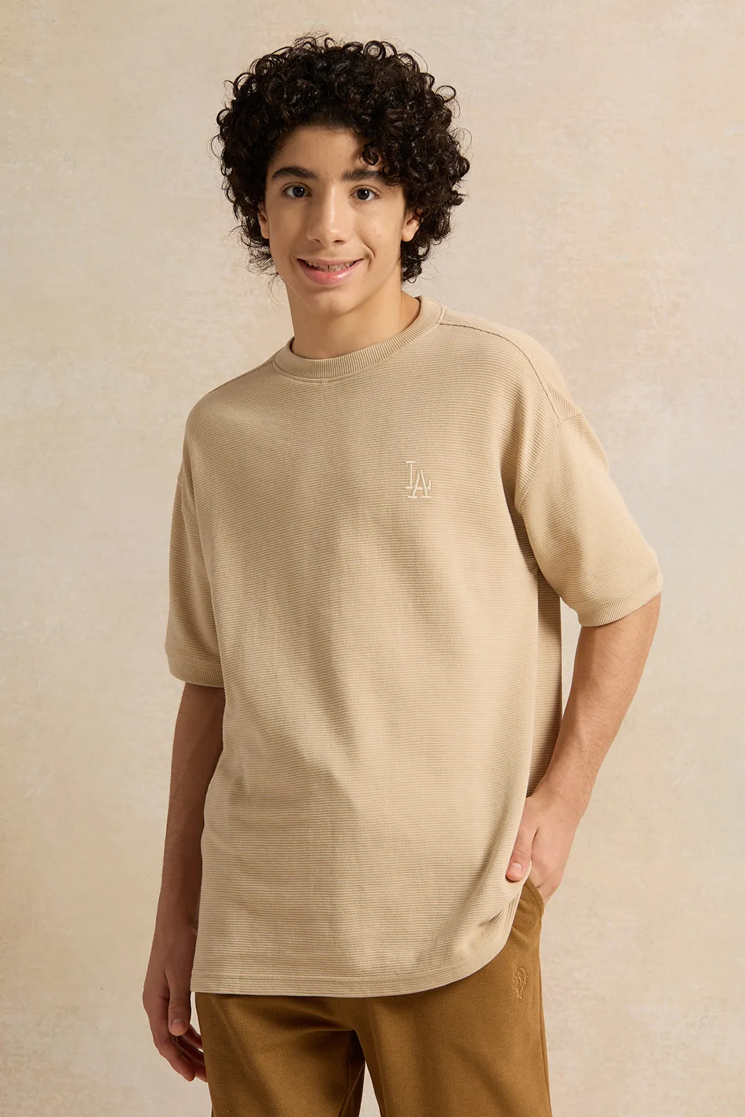Senior Boys Beige Jacquard Oversize T-Shirt sold by Redtag