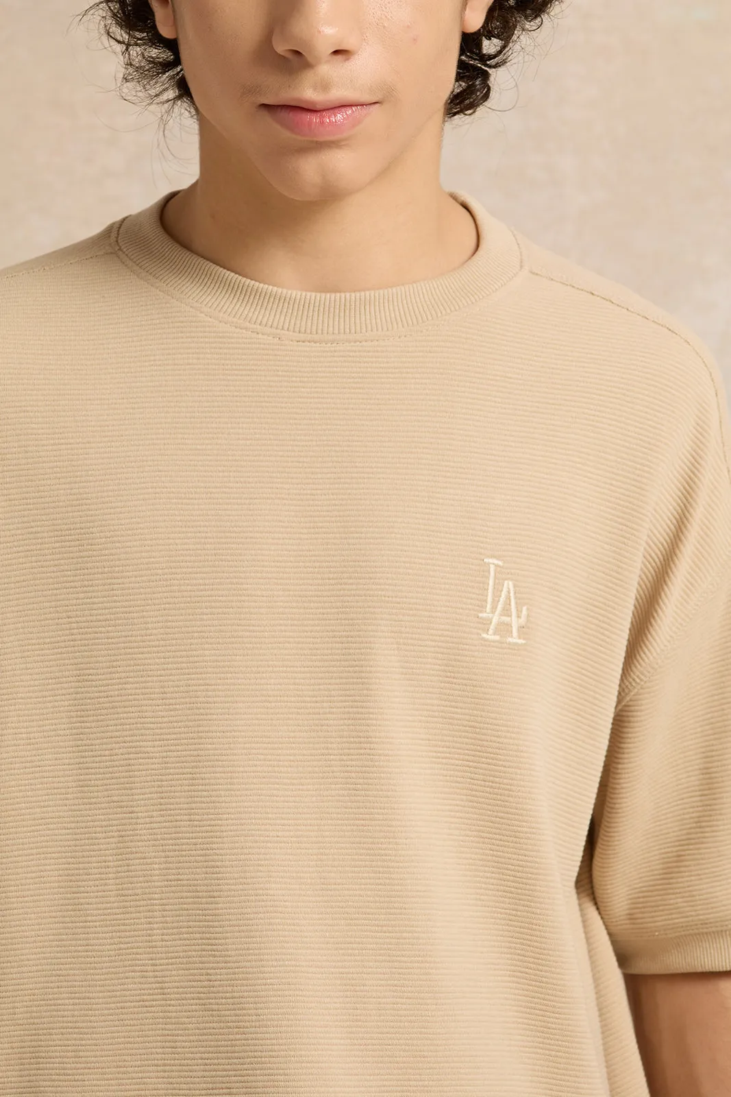 Senior Boys Beige Jacquard Oversize T-Shirt sold by Redtag product image thumbnail 4