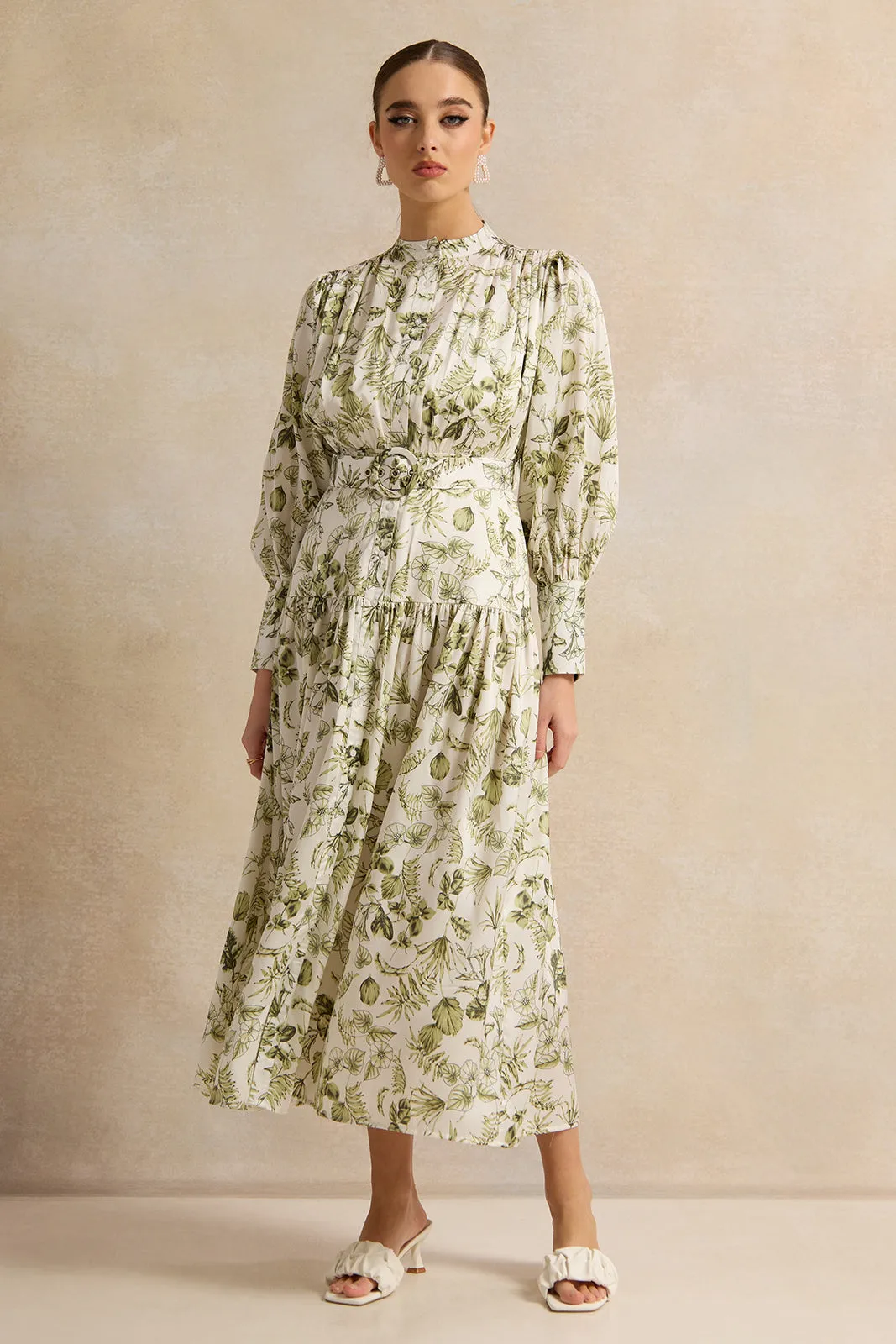 Women White Printed Belted Dress sold by Redtag