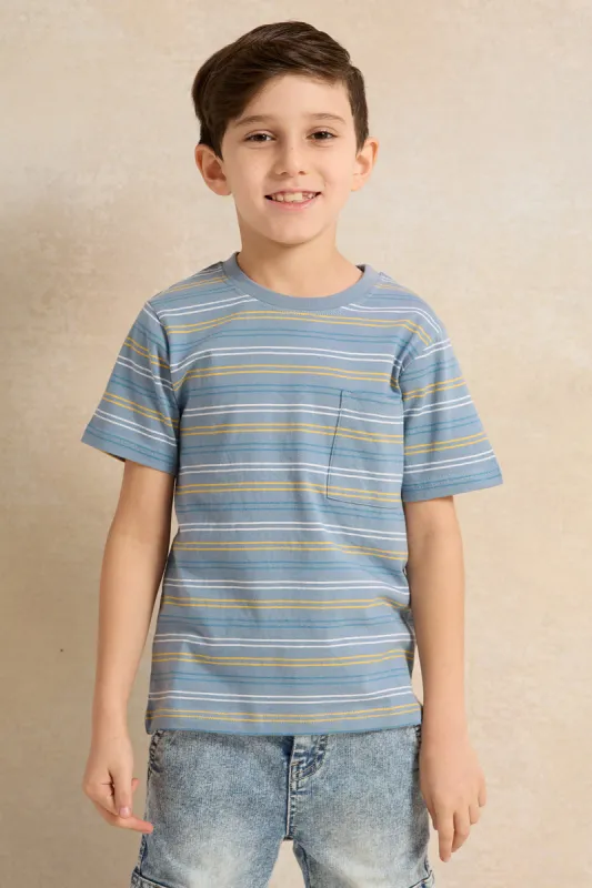 Boys Navy Stripe Short Sleeve T-Shirt sold by Redtag