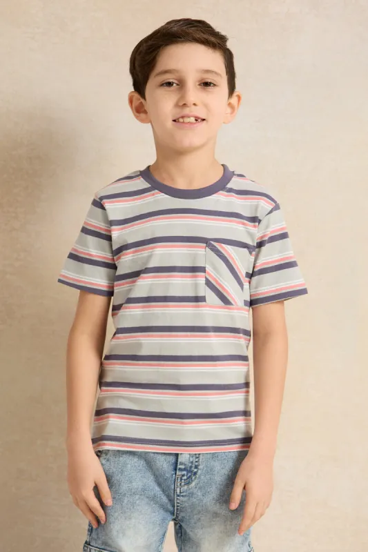 Boys Blue Stripe Short Sleeve T-Shirt sold by Redtag