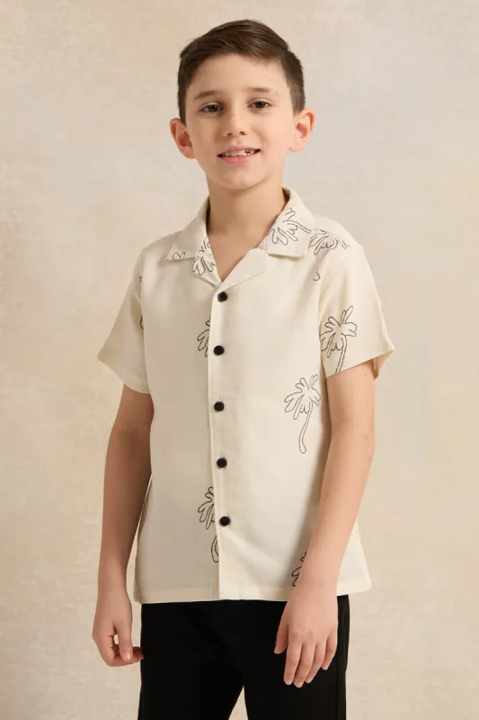 Boys Beige Palm Print Short Sleeved Shirt sold by Redtag