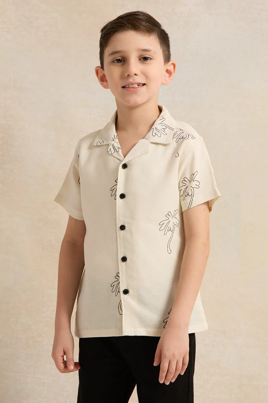 Boys Beige Palm Print Short Sleeved Shirt sold by Redtag