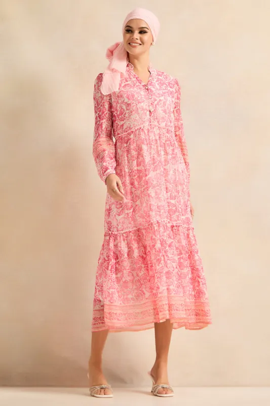 Women Pink Printed Long Tier Dress sold by Redtag