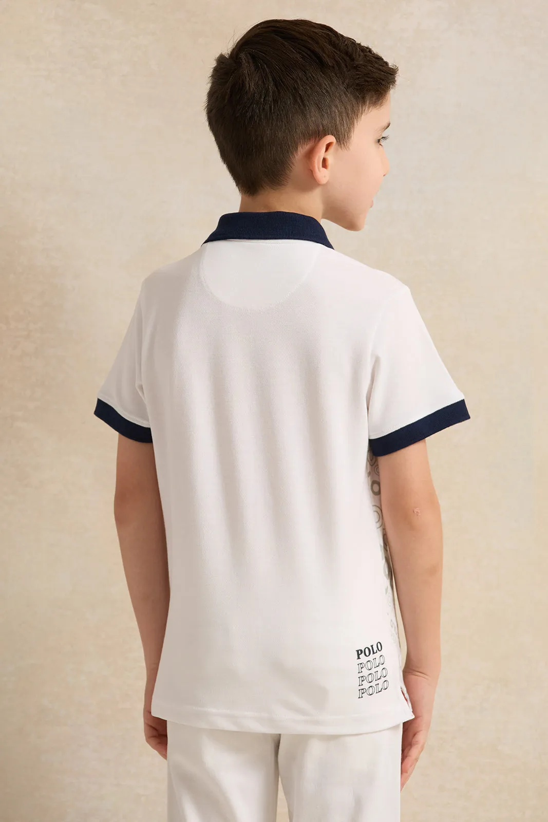 Boys White And Navy Printed Polo Shirt sold by Redtag product image thumbnail 3