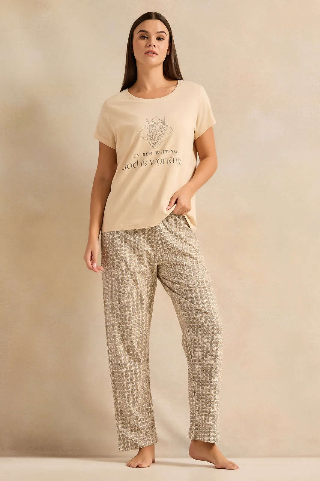 Women Beige Geometric Print Pyjama Set (2 Piece) sold by Redtag