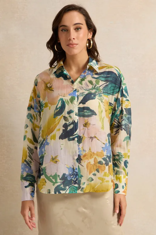 Women Cream Printed Oversize Shirt sold by Redtag