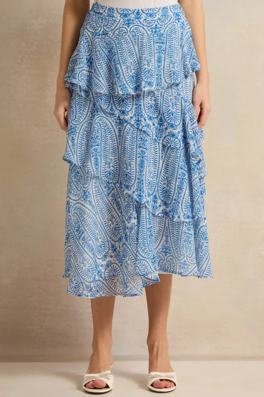 Women Blue Printed Tiered Skirt sold by Redtag