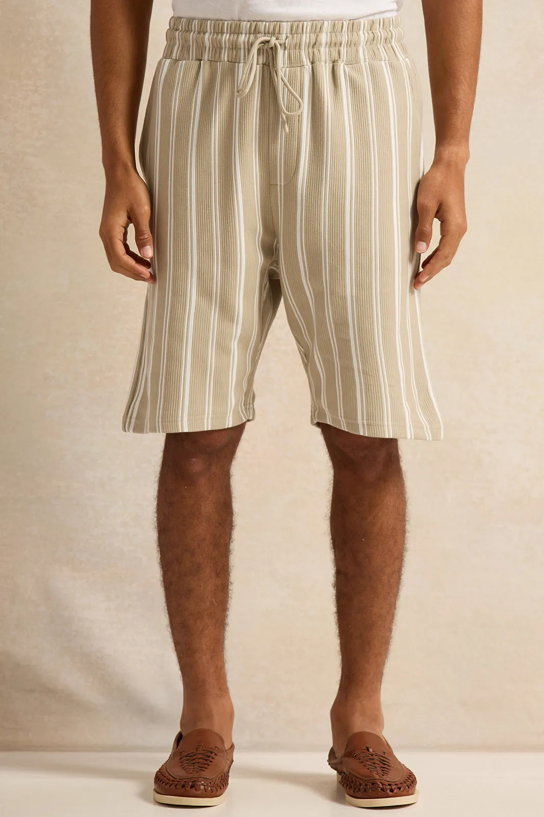 Men Beige Lounge Striped Shorts sold by Redtag