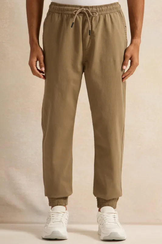 Men Beige Twill Joggers sold by Redtag