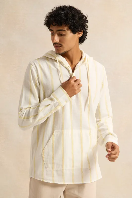 Men White Striped Hooded Casual Shirt made by Redtag