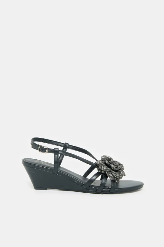 Women Black Flower Embellished Sandals sold by Redtag