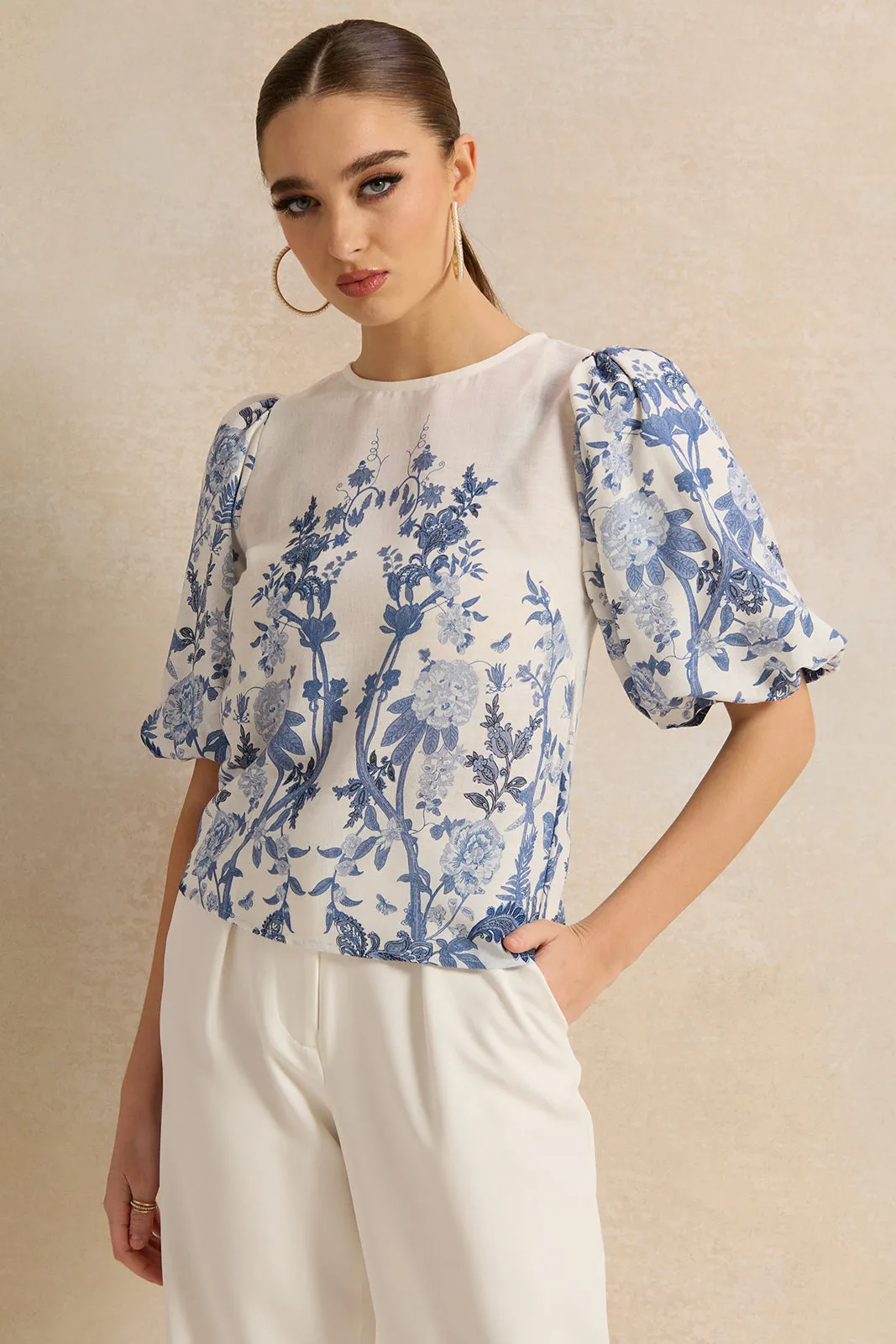 Women Blue Printed Blouse sold by Redtag