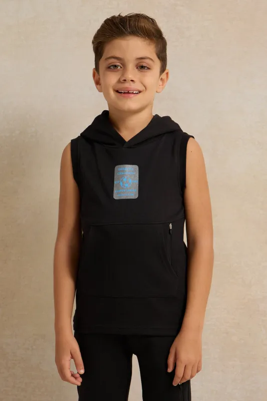 Boys Black Sleeve Less Hooded T-shirt made by Redtag