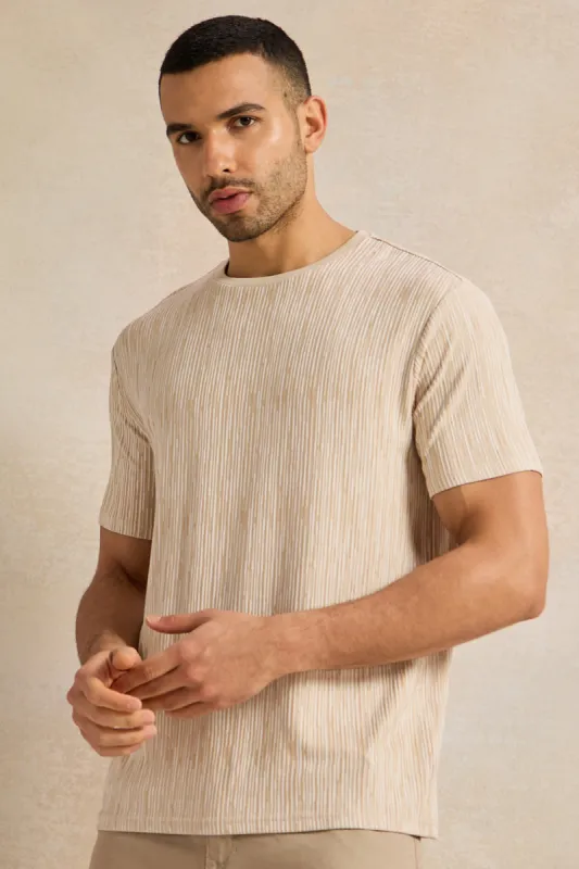 Men Beige Jacquard T-Shirt sold by Redtag