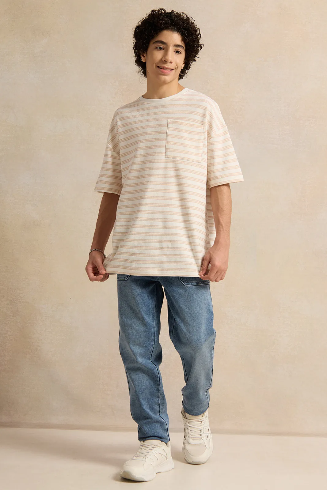 Senior Boys Beige Stripe Jacquard Oversize T-shirt sold by Redtag product image thumbnail 2
