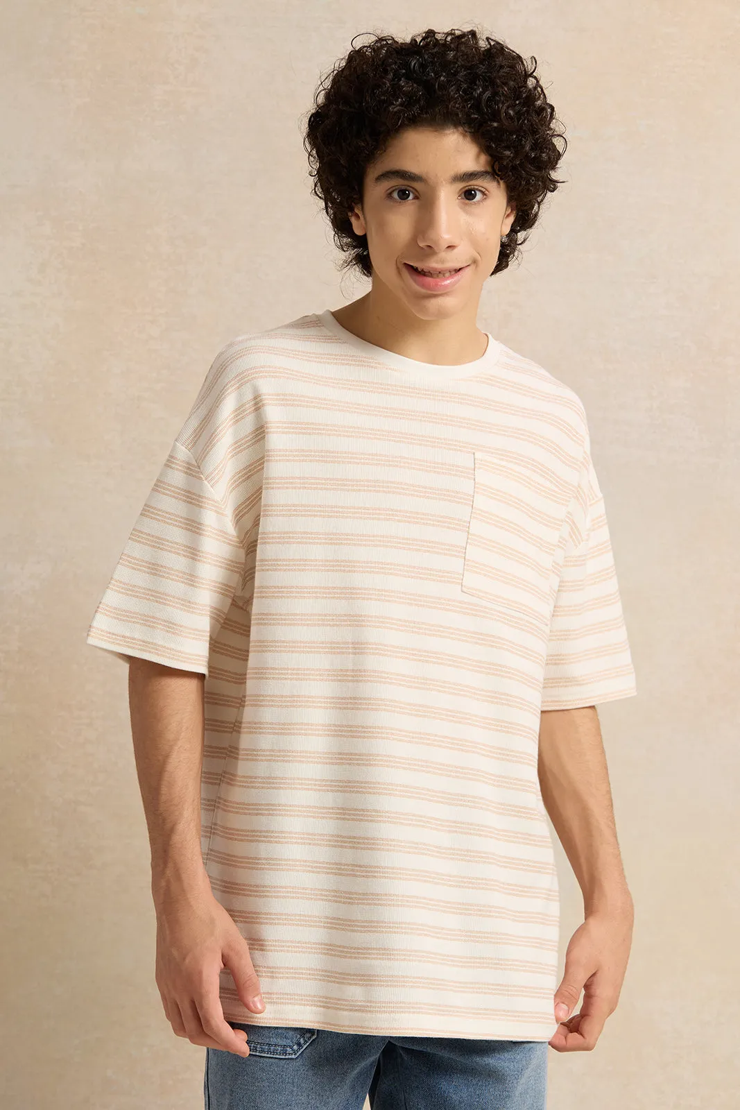 Senior Boys Beige Stripe Jacquard Oversize T-shirt sold by Redtag