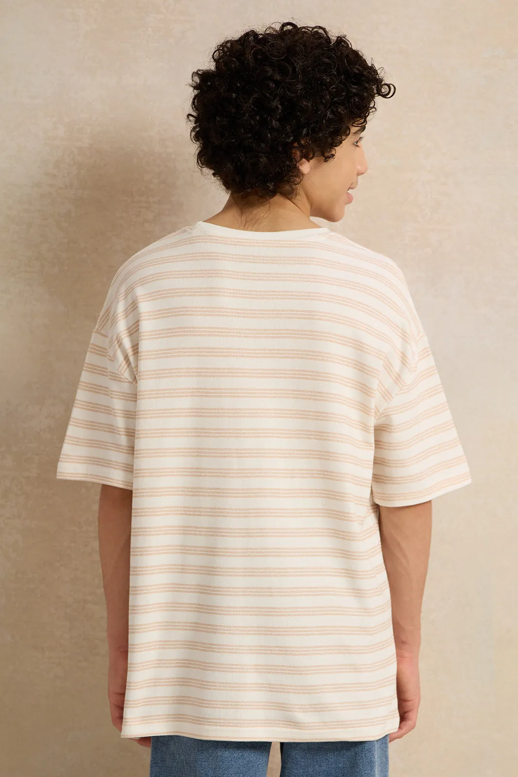 Senior Boys Beige Stripe Jacquard Oversize T-shirt sold by Redtag product image thumbnail 3
