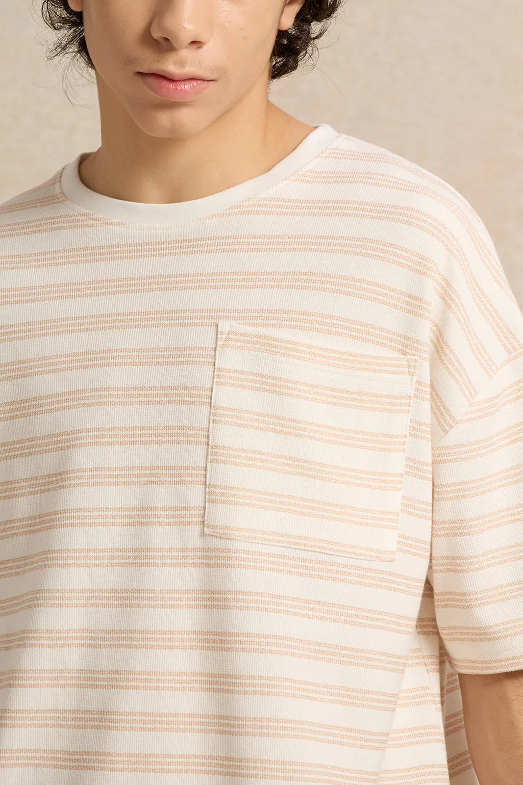 Senior Boys Beige Stripe Jacquard Oversize T-shirt sold by Redtag product image thumbnail 4