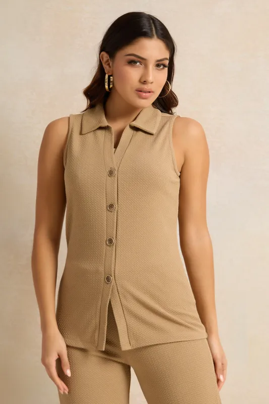 Women Beige Textured Vest Top sold by Redtag