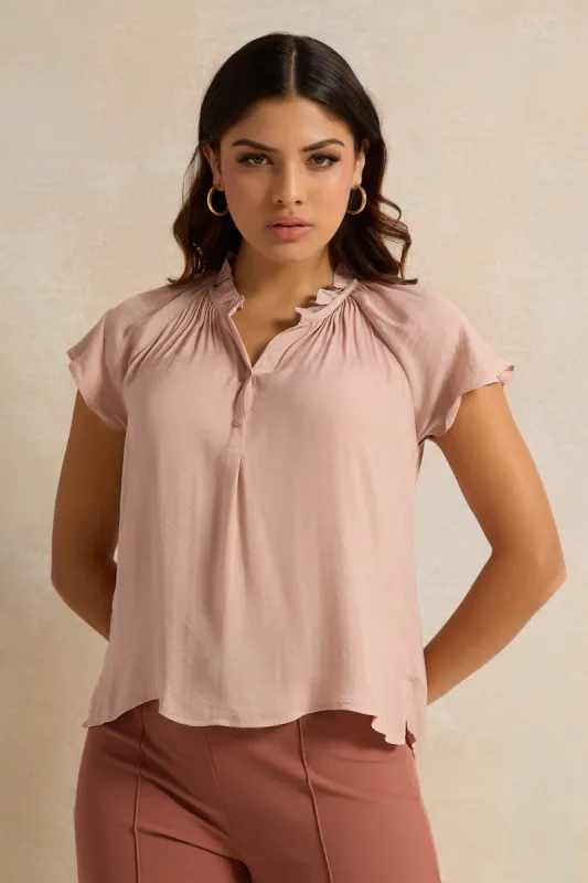 Women Pink Ruffle Sleeve Satin Top sold by Redtag