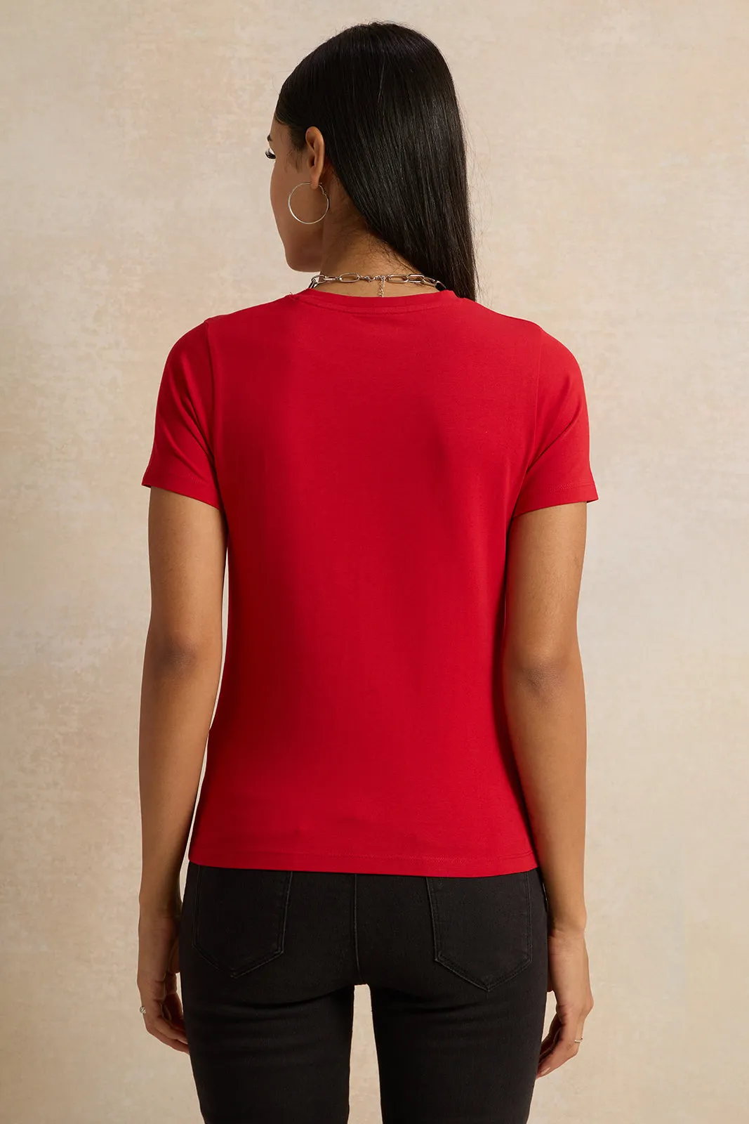 Women Red Round Neck T-Shirt sold by Redtag product image thumbnail 3