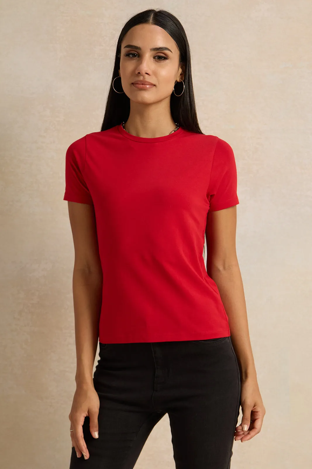 Women Red Round Neck T-Shirt sold by Redtag