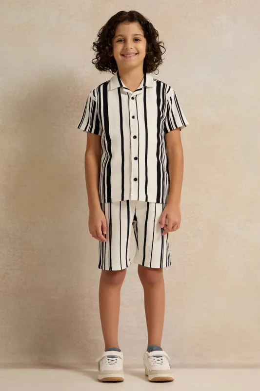 Boys White And Navy Stripped Shirt With Shorts Set (2 Piece) made by Redtag