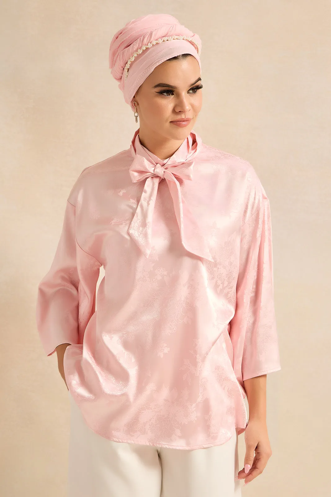 Women Pink Shirt With Front Neck Bow sold by Redtag
