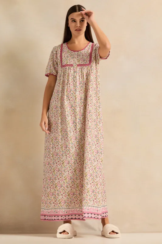 Women Ivory Short Sleeve Printed Nightgown sold by Redtag
