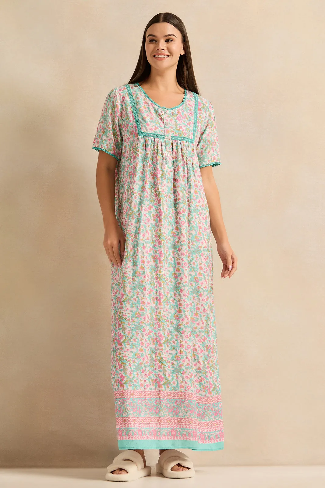 Women Pink Short Sleeve Printed Nightgown sold by Redtag