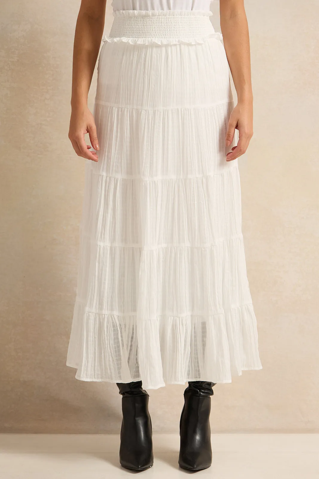 Women White Tiered Smocked Waist Skirt sold by Redtag
