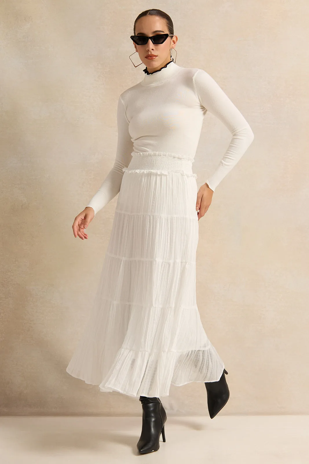 Women White Tiered Smocked Waist Skirt sold by Redtag product image thumbnail 2