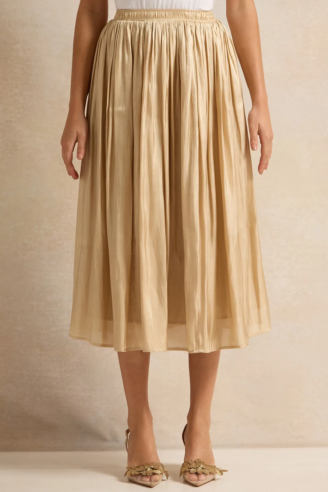 Women Cream Shimmer Gathered Skirt sold by Redtag