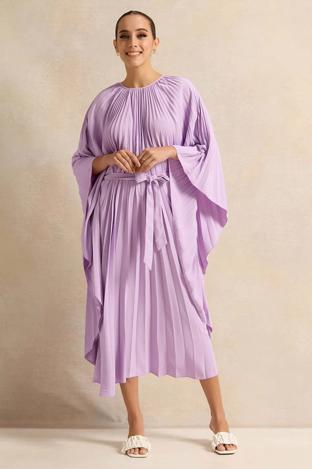 Women Lilac Pleated Belted Kimono Dress sold by Redtag