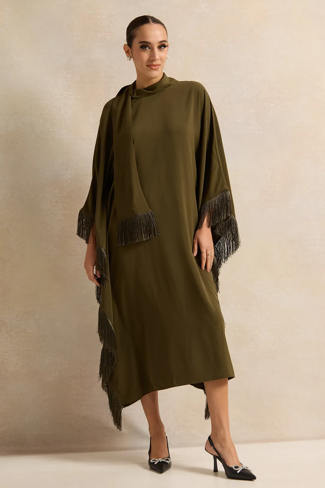 Women Olive Kimono Dress Fringe sold by Redtag